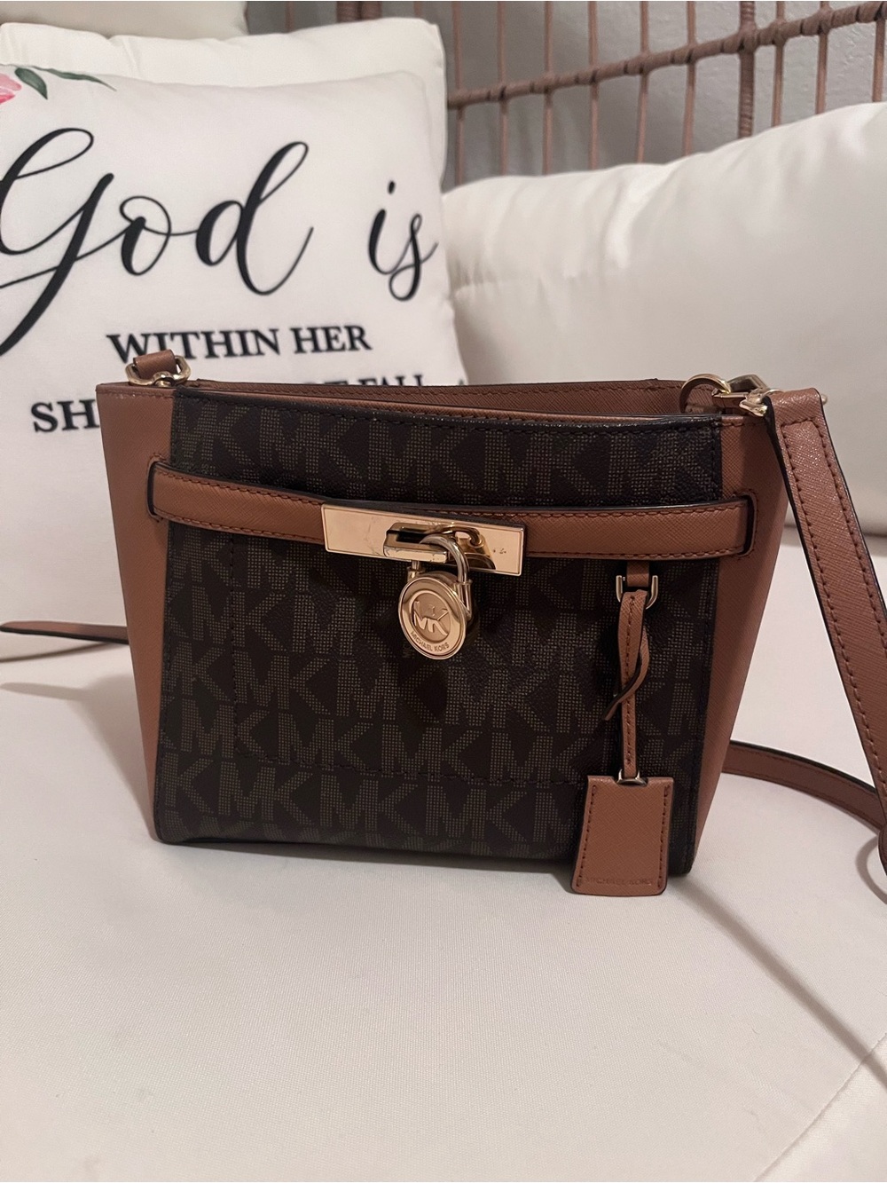 Michael Kors Dark Brown Logo Crossbody with Tan Trim and Gold Hardware